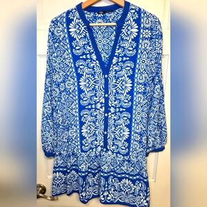 Zara Blue & White Medallion Print Tunic Mini Dress- Size Sm